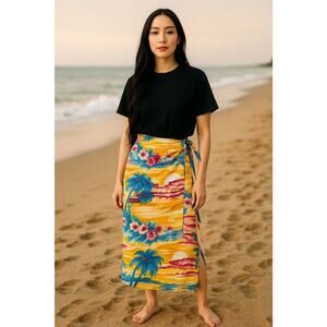JAMS WORLD Vintage Wrap Skirt Sarong Adjustable Waist Rayon Paradise Hawaii | L